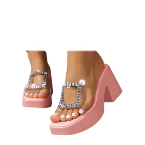 Chunky Platform Heels for Women Rhinestone Fashion Comfort Slip on Square Open Toe Block Heel SIides