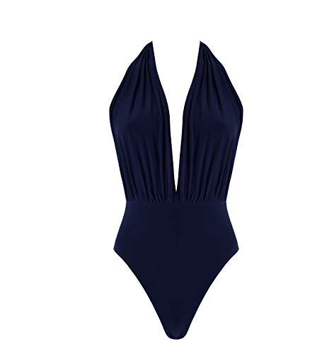 Goddiva - Costume da Bagno con Scollo Alto e Gamba Alta Navy L