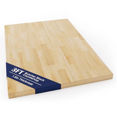 Image of Solid Wood Butcher Block Countertop - 3FT Unfinished Birch Slab Counter Top Wooden Table Top for DIY Kitchen Island, Workbench, Washer Dryer, Coffee Bar Table, 25"x36"x1.5"