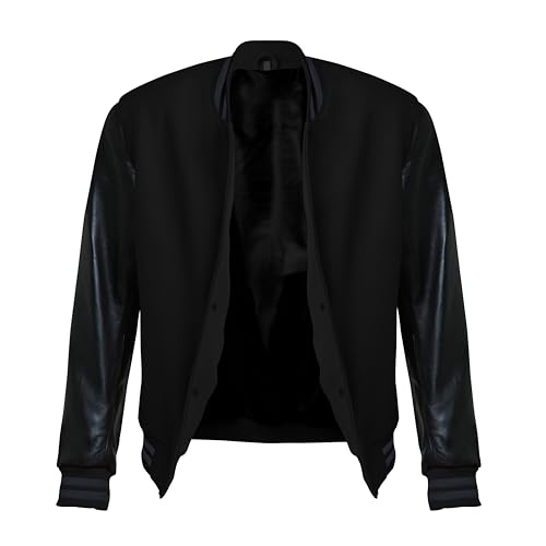 Image of Red And Black Letterman Jacket Men - Mens Black Varsity Letterman High School Baseball Bomber Jacket