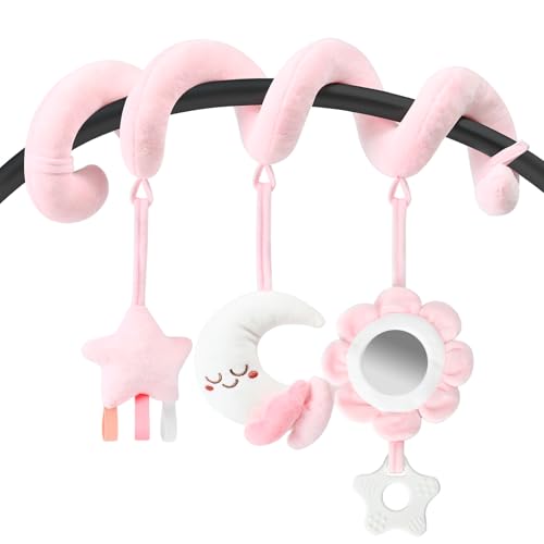 Image of Yierchoo Spiral Car Seat & Stroller Activity Toy, Crib Hanging Rattles Toys for Ages 0-12 Months, Mirror, Textured Ribbons, Squeaky Carseat Stroller Toys, Newborn Baby Girl Gifts