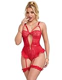 ohyeahlady Dessous Damen Sexy Reizwäsche Große Größen Spitze Body Babydoll Negligee Lingerie Sexy for Women Mollig Erotische Unterwäsche Catsuit Stringbody mit Druckknöpfen Clubwear Party Rot,XL-XXL