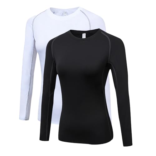 LNJLVI Camiseta Compresión Mujer Manga Larga Transpirable y Secado Rápido para Yoga,Pilates,Running,Entrenamiento - Top Deportivo(Blanco-Negro,M)