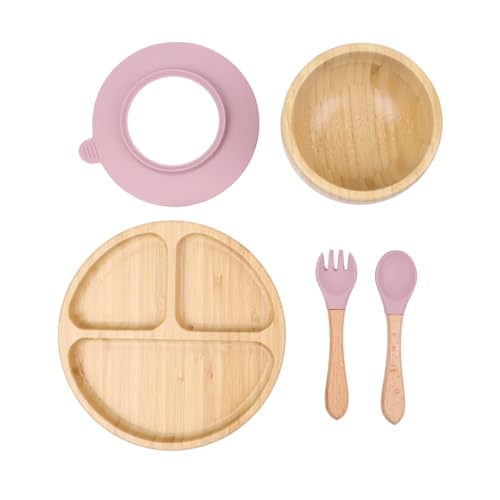 Image of KhaNoor Bamboo Toddler Plate & Bowl Set with Strong Suction – Includes Plate, Bowl, Spoon & Fork – Baby Plates with Suction for Baby Led Weaning, Kids Feeding Essentials, Non-Toxic & BPA Free