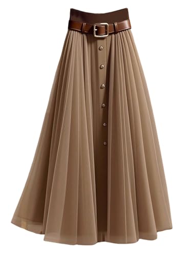 GORGLITTER Women's Mesh Pleated Long Flowy Skirt Fall Boho Color