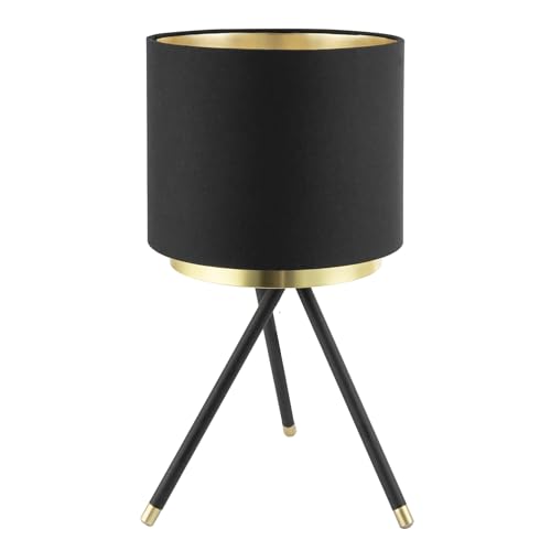 Image of Happy Homewares Designer Black Tripod Table Lamp with Brushed Gold Metal Ring and Cotton Fabric Drum Shade with Golden Inner | 35cm x 19cm