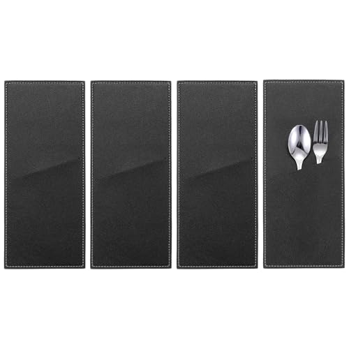 QUARKZMAN 4 Fundas de Cuero para Cubiertos Porta Cubiertos Cuchillo y Tenedor Bolsa Estuche de Almacenamiento de Cubiertos para Mesa de Cena Decoración de Cocina En Casa, Negro