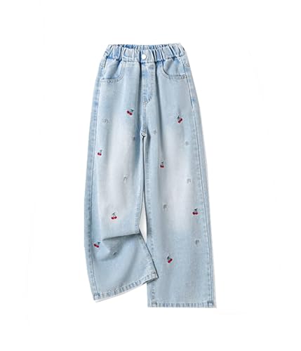 Girls Jeans Cute Embroidered Denim Pants Ribbed Elastic Waist Casual Baggy Wide Leg Pants,5-13 Years2