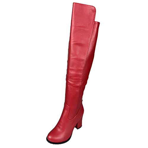 Joliss Mujer Tacón Ancho Moda Sobre La Rodilla Boots Mujer Cremallera Punta Redonda Botas Largas Tacón Medio Zapatos Largas Rojo Talla 38 EU/39Cn