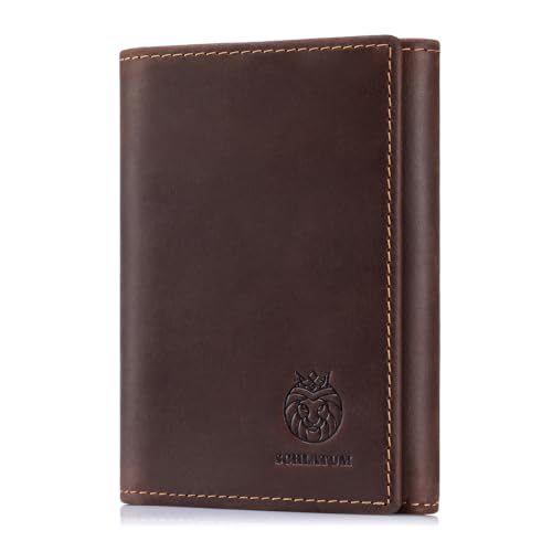 Image of Trifold Wallets for Men RFID Blocking Full Grain Leather Short Mens Wallet with Snap Closure, 8 Card Slots, Clear ID Window, Brown