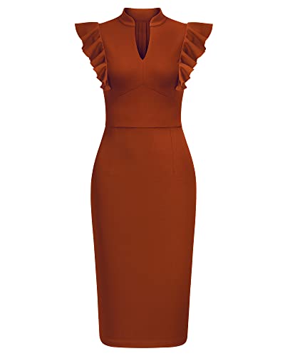 Image of Knitee Women's Vintage Ruffle Sleeve V-Neck Bodycon Evening Party Cocktail Pencil Sheath Dress