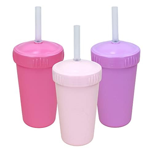 Re-Play Made In USA 10 oz. Straw Cups with Silicone Locking Straws - Made from Heavyweight Recycled Milk Jugs - Princess - Pack of 3