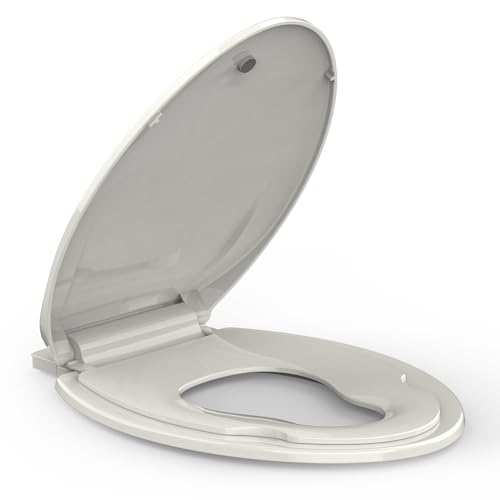 Elongated Toilet Seat with Built-in Toddler Seat for Easy Potty Training – Slow Close Feature,Easy Install and Clean, Perfect for Both Adults and Children,Biscuit
