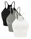ODODOS Women's Crop Camisole 3-Pack Seamless Rib-Knit Crop Tank Tops, Long Crop, White Gray Black, Medium/Large