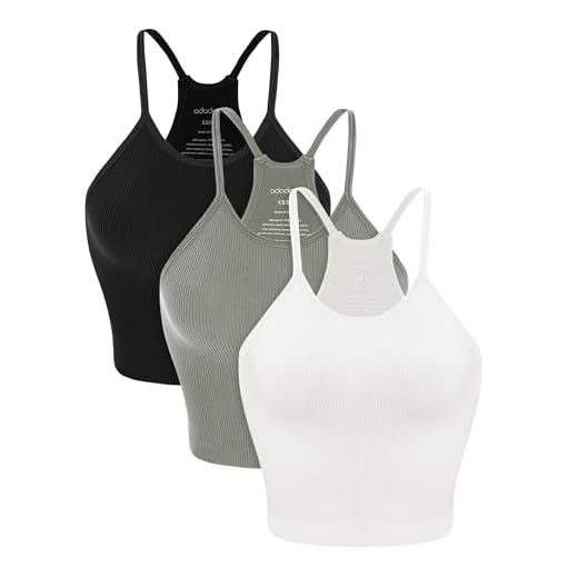 ODODOS Women's Crop Camisole 3-Pack Washed Seamless Rib-Knit Crop Tank Tops, Long Crop, White Gray Black, Medium/Large