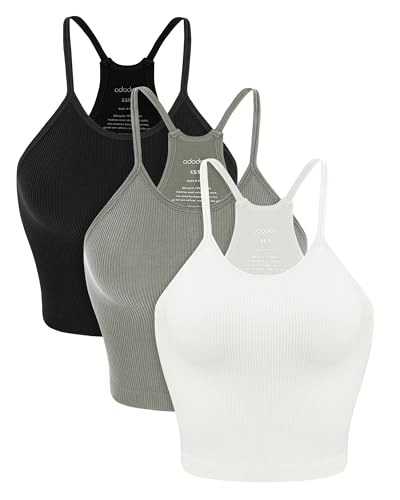 ODODOS Women's Crop 3-Pack Seamless Rib-Knit Camisole Crop Tank Tops