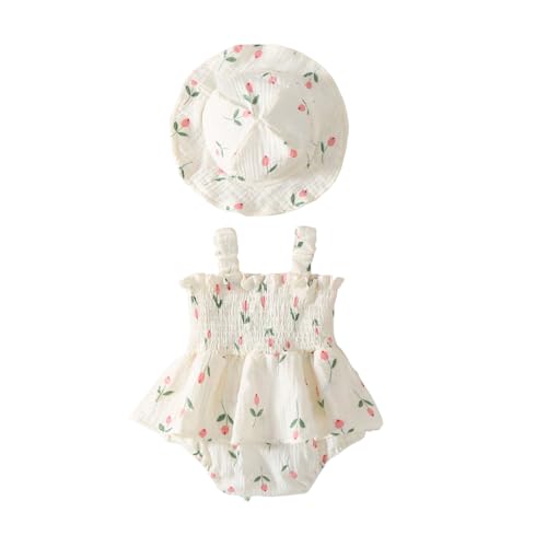 Emmababy Baby Girl Floral Smocked Dress Romper Hat Set Infant Fruit Outfit Tank Bodysuit Watermelon Overalls Summer Clothes (15 Beige, 3-6 Months)