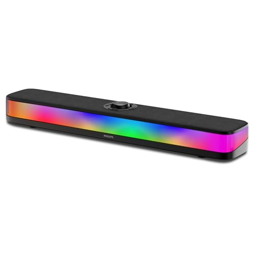 PHILIPS PC Sound Bar Computer Speakers for Desktop Bluetooth 5.4 Soundbar with Built-in Microphone Clear Audio RGB Lights with Volume Knob USB Playback for Laptop Monitor Gaming Setup