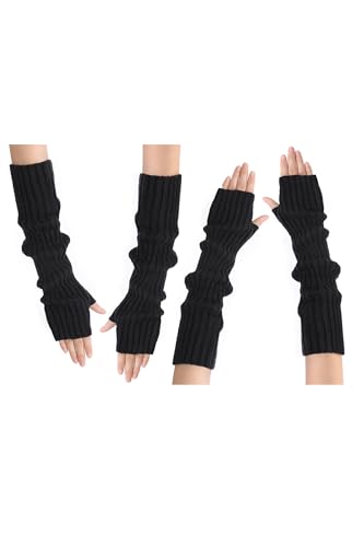 Arm Warmers, Fashion Winter Long Fingerless Gloves Knit Mitten Gloves Wrist Warmer with Thumb Hole for Women, Stretchy Arm Sleeves for Women, Black, Black