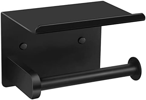 Toilet Paper Holder, Matte Black Toilet Paper Holder with Shelf,Screw or Self Adhesive Toilet Paper Holder Wall Mount,SUS304 Bathroom Toilet Paper Holder,Toilet Paper Roll Holder for Bathroom,Washroom