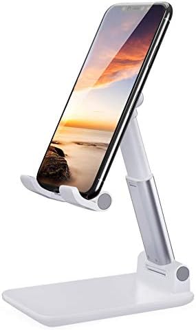LOBKIN Phone Stand for Desk, Foldable Portable Adjustable Tablet Cell Phone Holder Charging Dock Cellphone Holder Office, Sturdy Mobile Stand Hand Metal Desktop iPhone Stand (White)