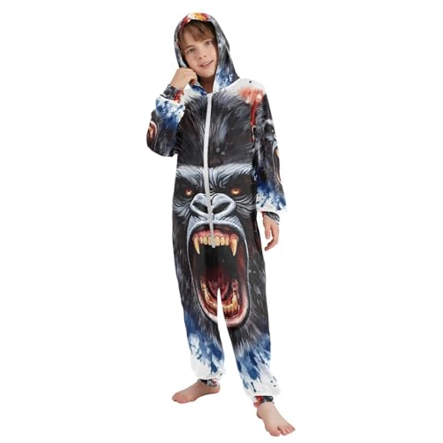 ALAZA King Kong Face Blue Onesie Pajamas Soft Flannel Hooded Jumpsuit Zip Up Sleepwear Unisex One Piece Winter PJs