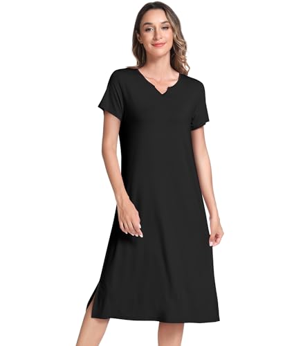 Image of NACHILA Women's Nightgowns-Viscose Made from Bamboo, Short Sleeve Sleepshirts V Neck Night Dress Cool Sleepwear