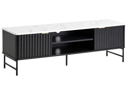 Mueble TV Moderno 140 x 40 cm MDF almacenaje aparador Negro Efecto mármol Glastonbury