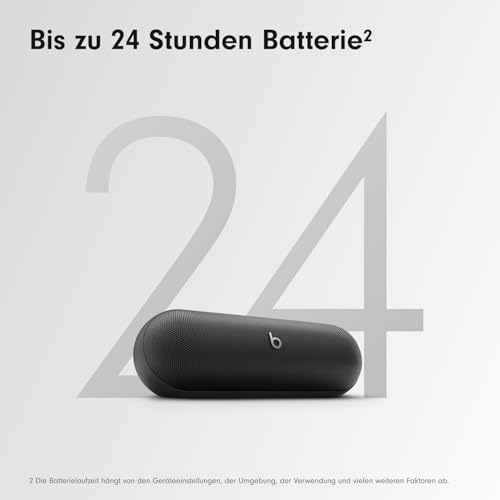 Beats Pill Tragbarer Bluetooth-Lautsprecher, Bis zu 24 Stunden Akkulaufzeit, Wasserabweisend, Kompatibel mit Apple & Android, Kraftvoller Sound für Zuhause & Outdoor - Mattschwarz