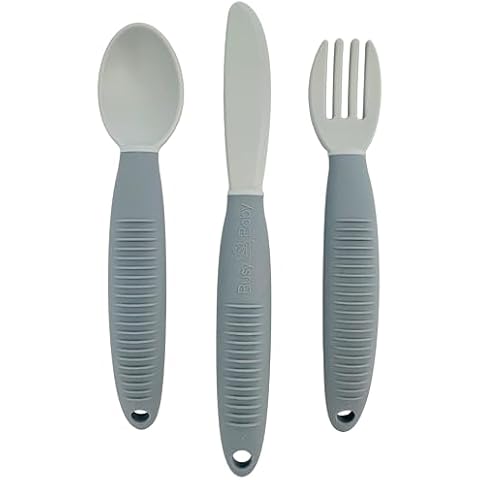BUSY BABY Eating Utensils for Babies & Toddlers | Fork, Spoon, & Knife | Food-Grade Silicone & Tritan Plastic | Dishwasher Safe, BPA Free (Pewter) Cover
