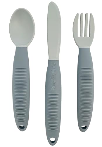 Image of BUSY BABY Eating Utensils for Babies & Toddlers | Fork, Spoon, & Knife | Food-Grade Silicone & Tritan Plastic | Dishwasher Safe, BPA Free (Pewter)