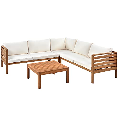 Merax 4 Pieces Patio Conversation Sets, Outdoor Wooden Sectional Sofa Coach With Cushions And Coffee Table, Beige #TOP2