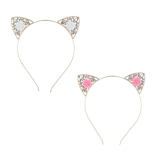 2 Pack Cat Ears Headband ,Rhinestone Cat Headbands,Crystal Hair Hoop Women Party Decoration Headdress Cosplay Costume Headwear Halloween Makeup Handmade (White+Pink)
