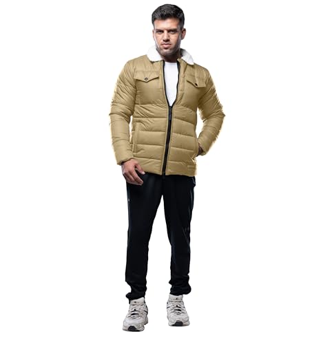 Image of URBAN BUCK Mens Puffer Jacket Midweight Sherpa Lined Windproof and Water Repellent Winter Recycled Down Bryce Beige Hiking Men Coat (S)