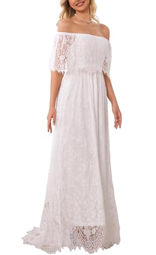 HOYISHION Women's Off The Shoulder White Lace Maxi Wedding Dress