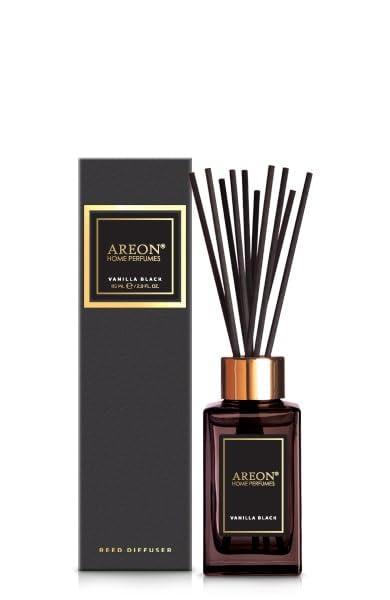 Areon Home Fragrance Luxury Perfume Reed Diffuser + 10 Rattan Reeds, Vanilla Black Scent, 85ml