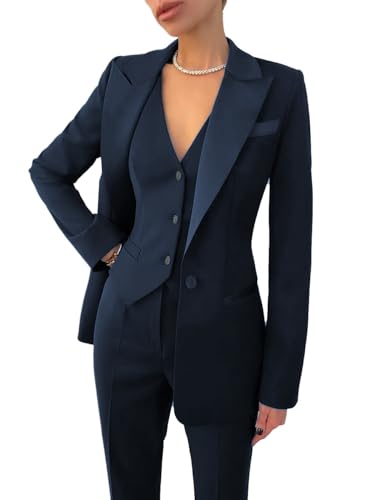 Business Women Suit Set 3 Pieces Notch Lapel Single Breasted Vest for Office Work Lady Suits (Blazer+Vest+Pants)(Navy,6)