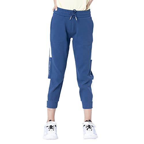 Image of Red Tape Girls' Cotton Blend Regular Fit Blue Color Block Activewear Jogger Pants