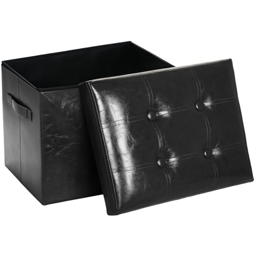 FaiPue Storage Ottoman Footrest Stool. Foldable Oil Waxed Leather Footstool with Thicker Foam Padded Seat. Small Ottoman with Storage Bench for Living Room Bedroom 350 lbs, 17x13x13in, Black.