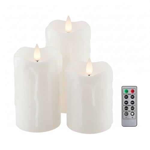 Image of Flameless Pillar Candles Flickering with Remote Timer, Battery Operated LED Candles Up to 400 Hours, 3D Moving Flame Real Wax Candles. (White with Dripping Tear)