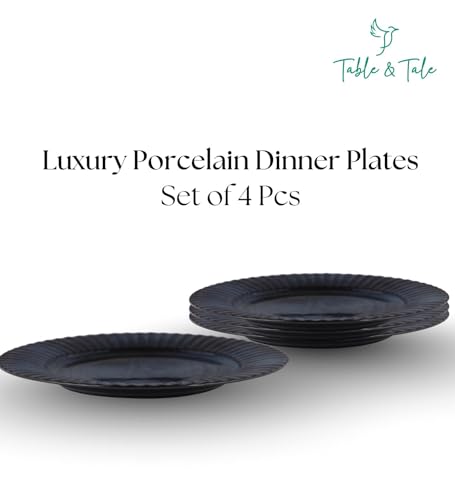 Image of Table & Tale Luxury Porcelain Dinner Plates with Elegant Blue Pattern | Crafted in Sri Lanka | Bone-Ash Free | Scratch and Chip-Resistant | Perfect for gifting | Microwave & Dishwasher Safe | Set of 4