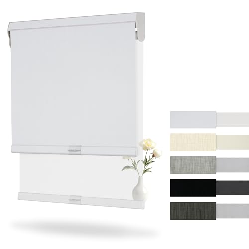Boolegon Cordless Dual Roller Shades, Linen White and White, 58" W x 72" H