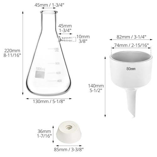 Image of QWORK 1000ML Buchner Funnel Kit Filter Flask Set, 1L Vacuum Flask 80mm Funnel, Borosilicate Glass Heavy Wall Filtering Flask