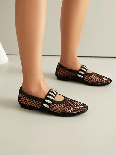 Arqa Women's Mesh Ballet Flats Metal Dome Strap Mary Jane Flats Fishnet Comfy Casual Office Flat Daily Dress Ballerina Shoes3