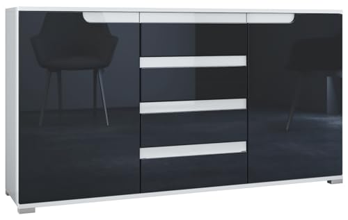 Vladon Buffet Dressoir Sylt, Corps en Blanc Mat/Façades en Noir Haute Brillance avec Un Decor en Blanc Haute Brillance (139 x 72 x 35)