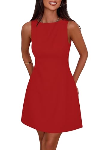 PRETTYGARDEN Womens Formal Short Dresses 2025 Summer Sleeveless Boat Neck A Line Elegant Mini Cocktail Party Dress (Red,Small)