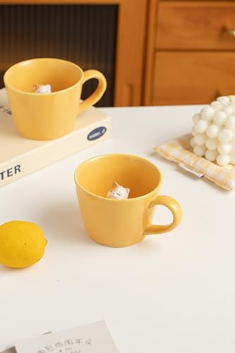 Image of DIHOclub Cat Coffee Cup Hidden Ceramic Animal Inside Mug,Cute Cartoon Handmade Figurine Mugs,Holiday and Birthday Gift for Coffee Milk Tea Lovers,12 Oz(yellow)