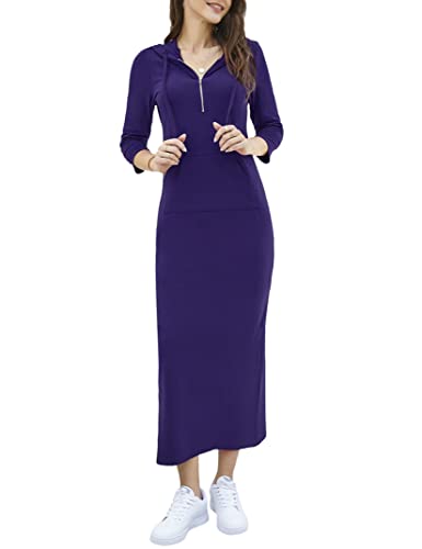 Image of MISSKY Women Casual Pocket Quarter-Zip Neck 3 /4 Sleeve Slim Split Pullover Hoodie Maxi Dress