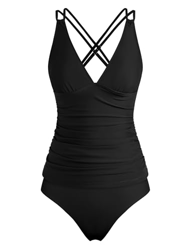 Image of ZAFUL Womens Tankini Swimsuits V Neck Push Up Swim Top Color Block Tummy Control High Waisted Bathing Suits Swim Bottom