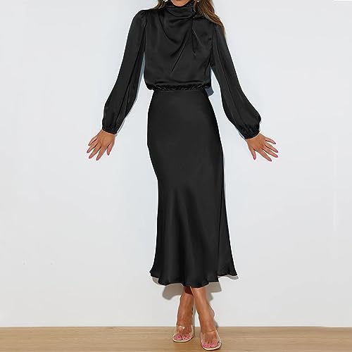 ODIZLI Evening Dresses Elegant for Wedding Women\'s Satin Dress Long Sleeve Elastic Waist Wedding Formal Wedding Guest Cocktail Dress Prom Dresses Party Dress Maxi Dresses Black S